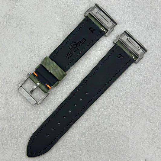 The Bermuda: Khaki Green Sail Cloth Garmin QuickFit Watch Strap With Orange Stitching