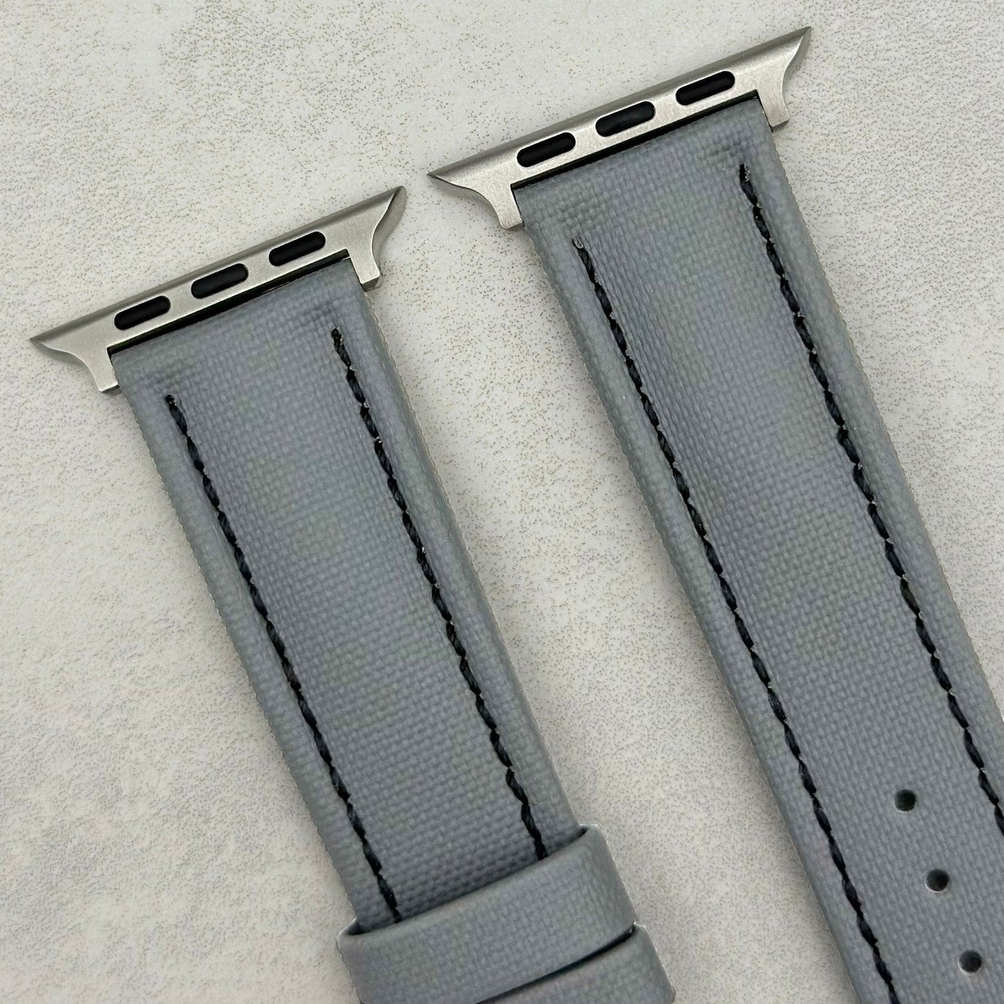 The Bermuda: Grey Sail Cloth Apple Watch Strap With Contrast Black Stitching