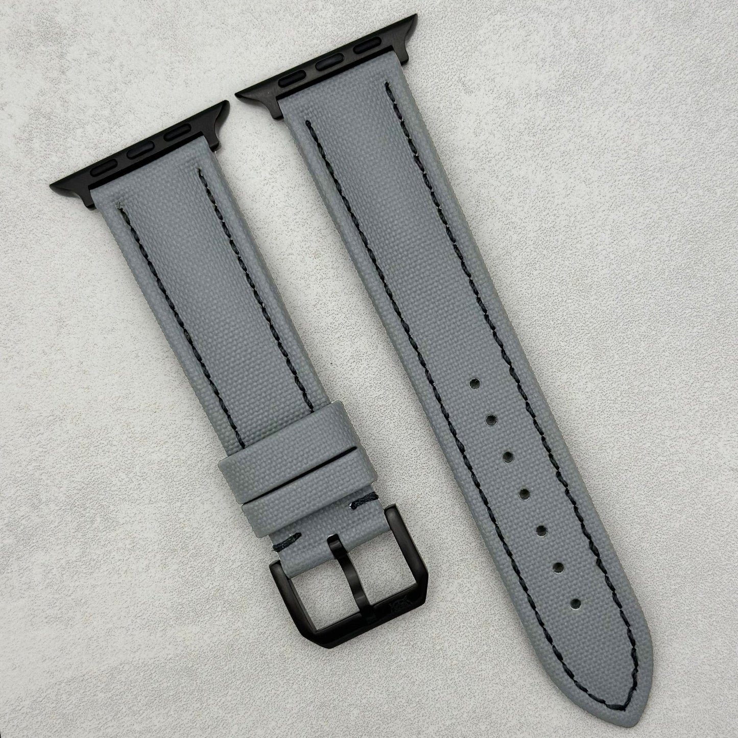 The Bermuda: Grey Sail Cloth Apple Watch Strap With Contrast Black Stitching
