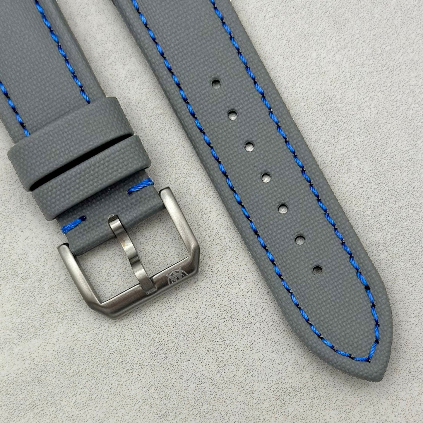 The Bermuda: Grey Sail Cloth Watch Strap With Contrast Blue Stitching