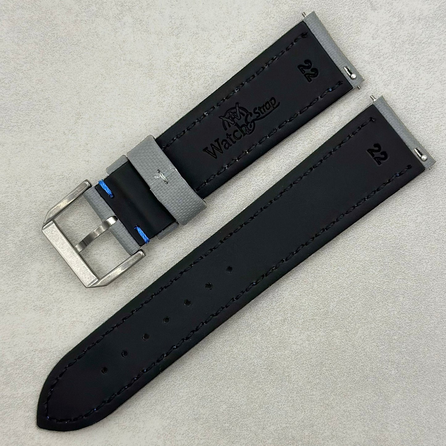 The Bermuda: Grey Sail Cloth Watch Strap With Contrast Blue Stitching