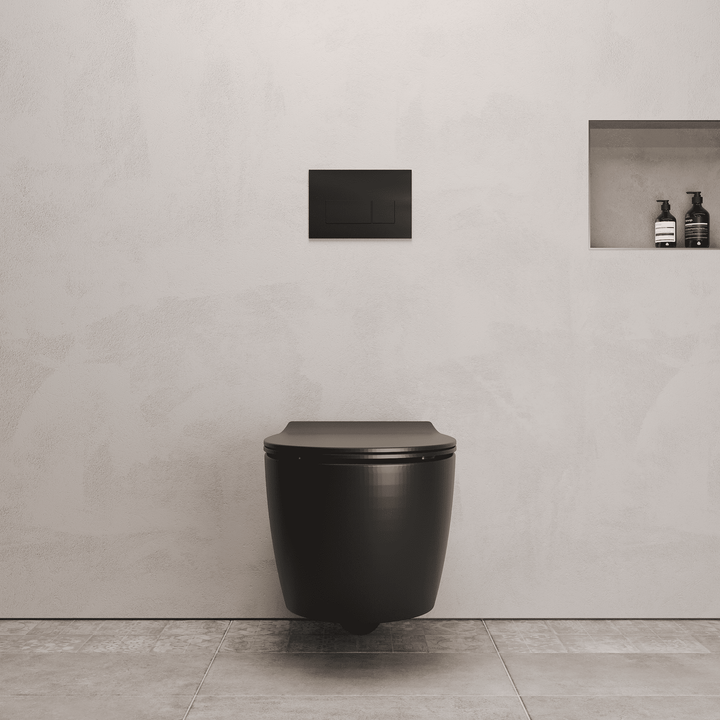 Onia Wall Hung Black Toilet Set - with Concealed Frame, Cistern and Black Flush Plate