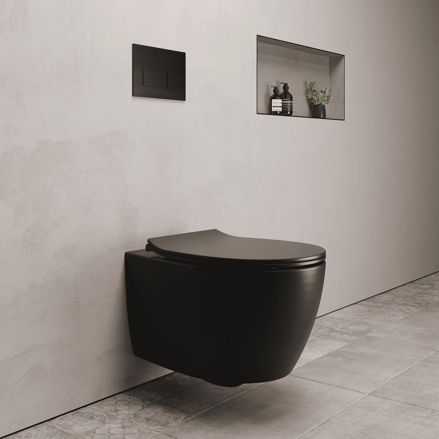 Onia Wall Hung Black Toilet Set - with Concealed Frame, Cistern and Black Flush Plate