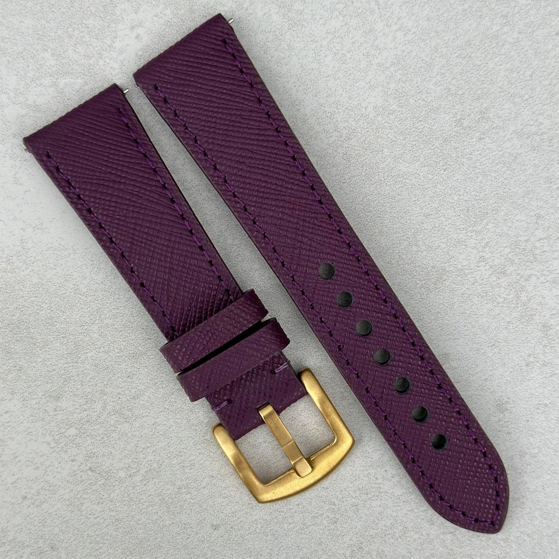 Florence Royal Purple Saffiano leather watch strap. PVD gold 316L stainless steel. 18mm, 20mm, 22mm, 24mm. Watch And Strap.