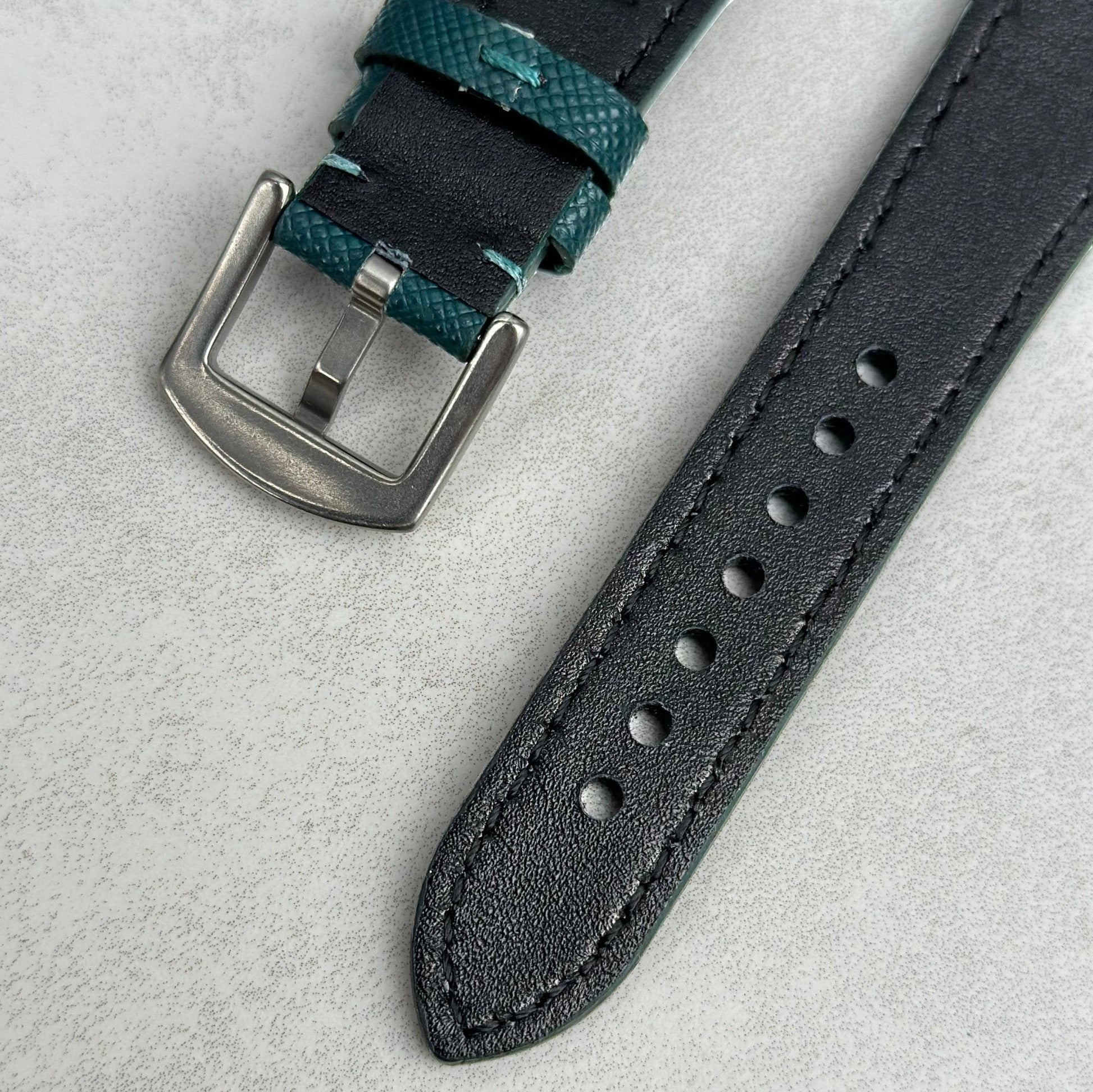 Underside buckle of the Florence teal Saffiano leather watch strap. Watch And Strap.