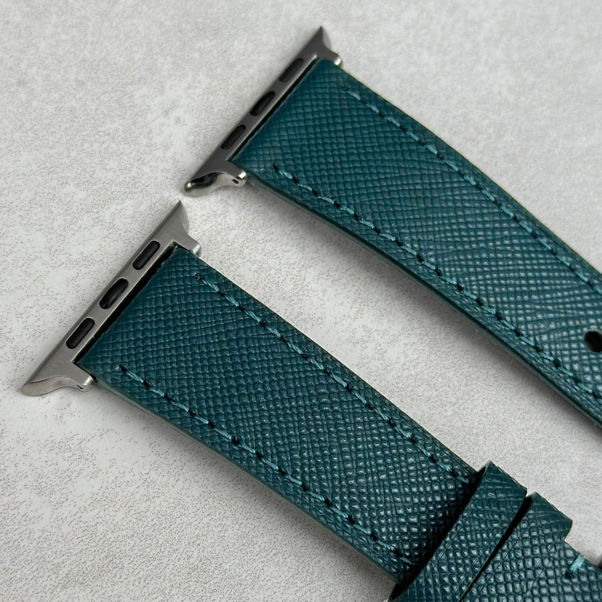 Florence teal full grain leather watch strap. Teal saffiano leather Apple Watch Strap. Stainless steel Apple Watch connectors