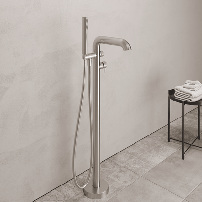 Lia Freestanding Bath Mixer with Shower Set - Brushed Steel