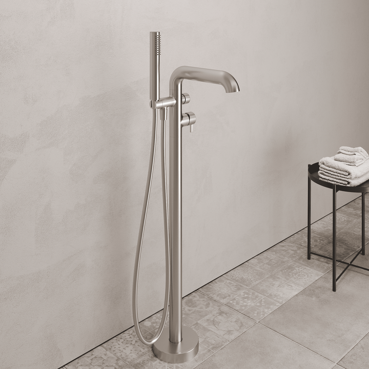 Lia Freestanding Bath Mixer with Shower Set - Brushed Steel