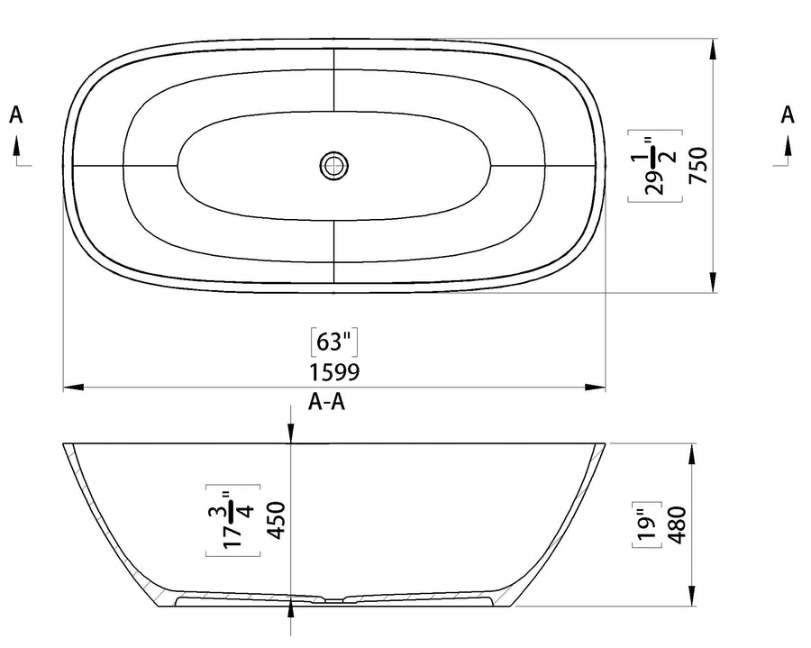 Lorca Freestanding Polished Black Stone Bath 1600