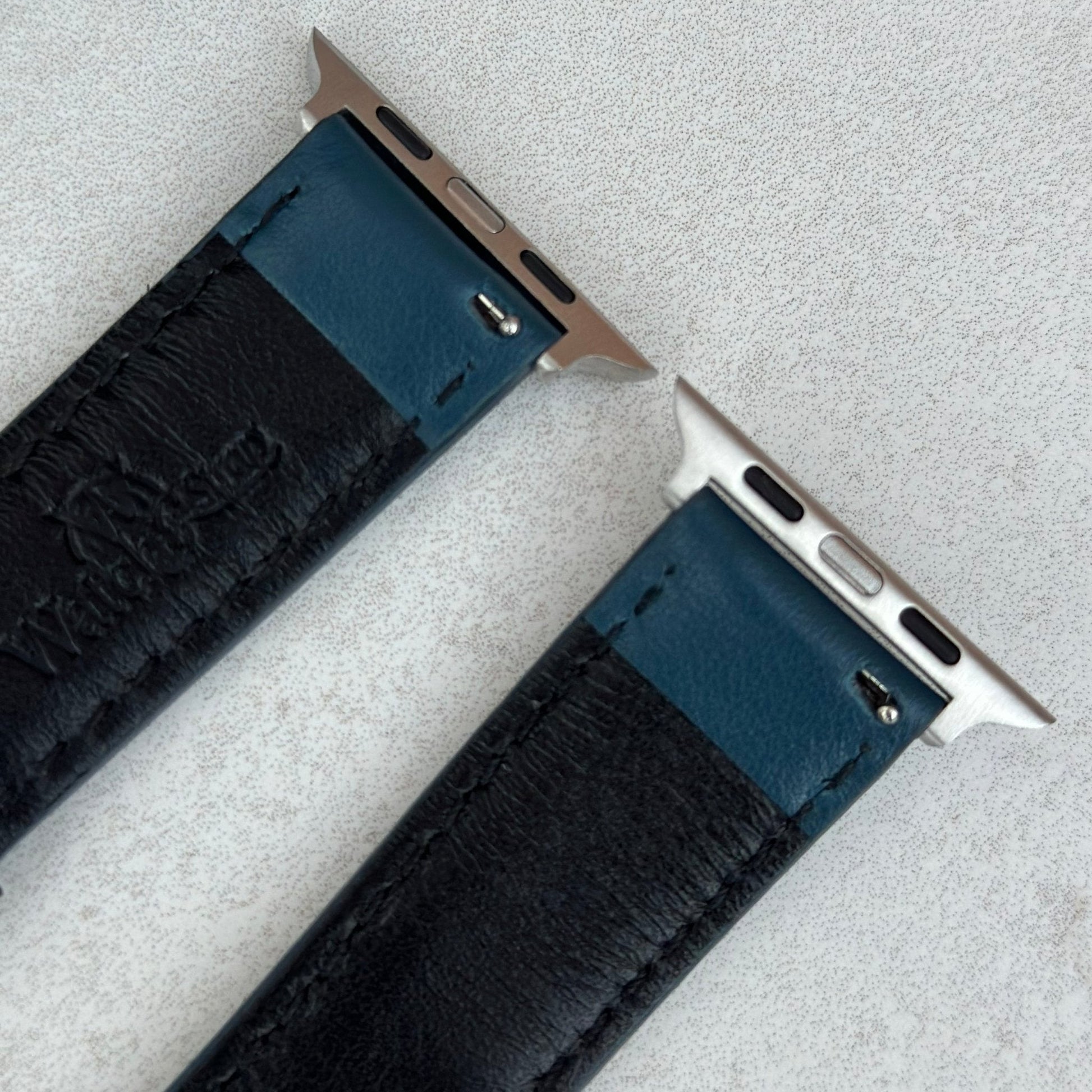 Rear top of the Le Mans petrol blue and black full grain leather apple watch strap.