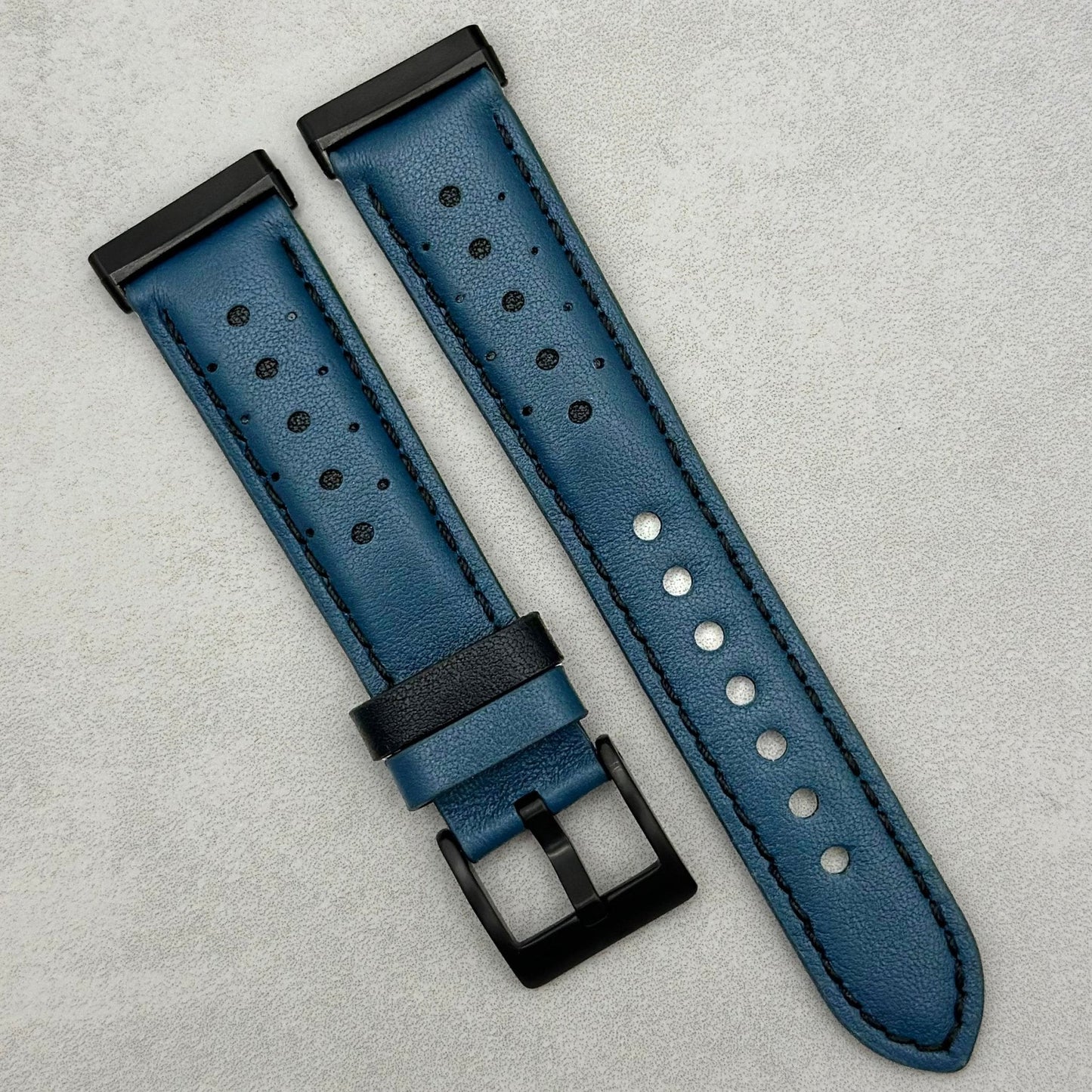 Le Mans: Dark Petrol Blue And Black Leather Racing Fitbit Versa/Sense Strap