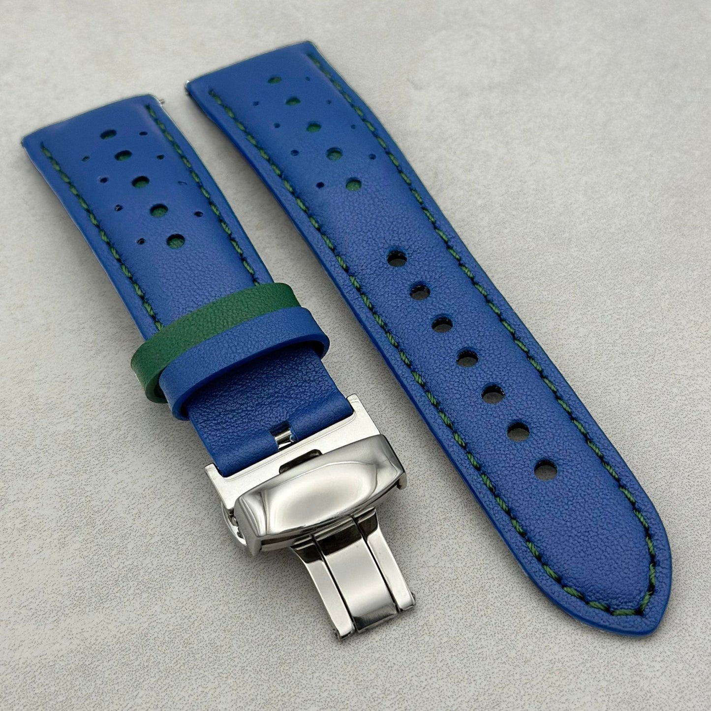 Le Mans Blue and Green leather Apple Watch strap with polished butterfly clasp. Apple Watch Series 3 4 5 6 7 8 9 10, SE Ultra