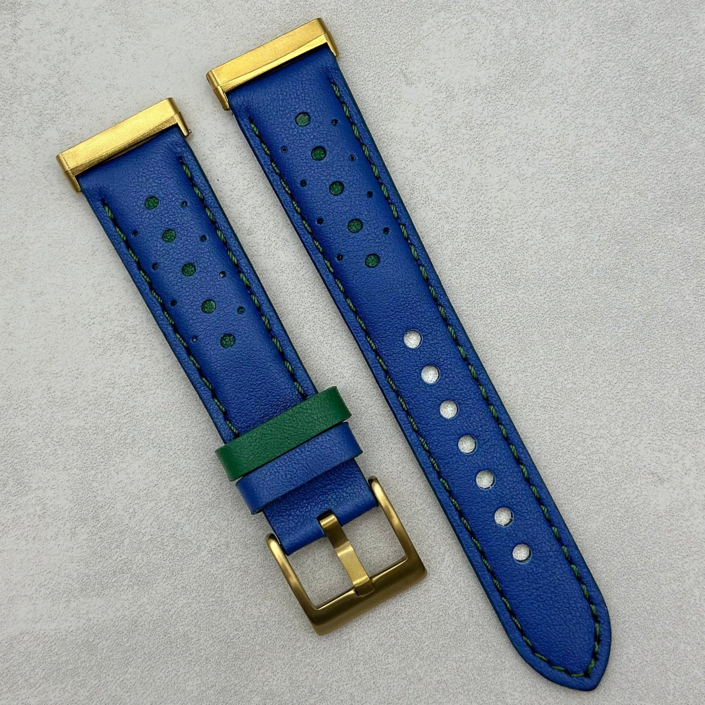 Le Mans: Cobalt Blue And Green Leather Racing Fitbit Versa/Sense Strap