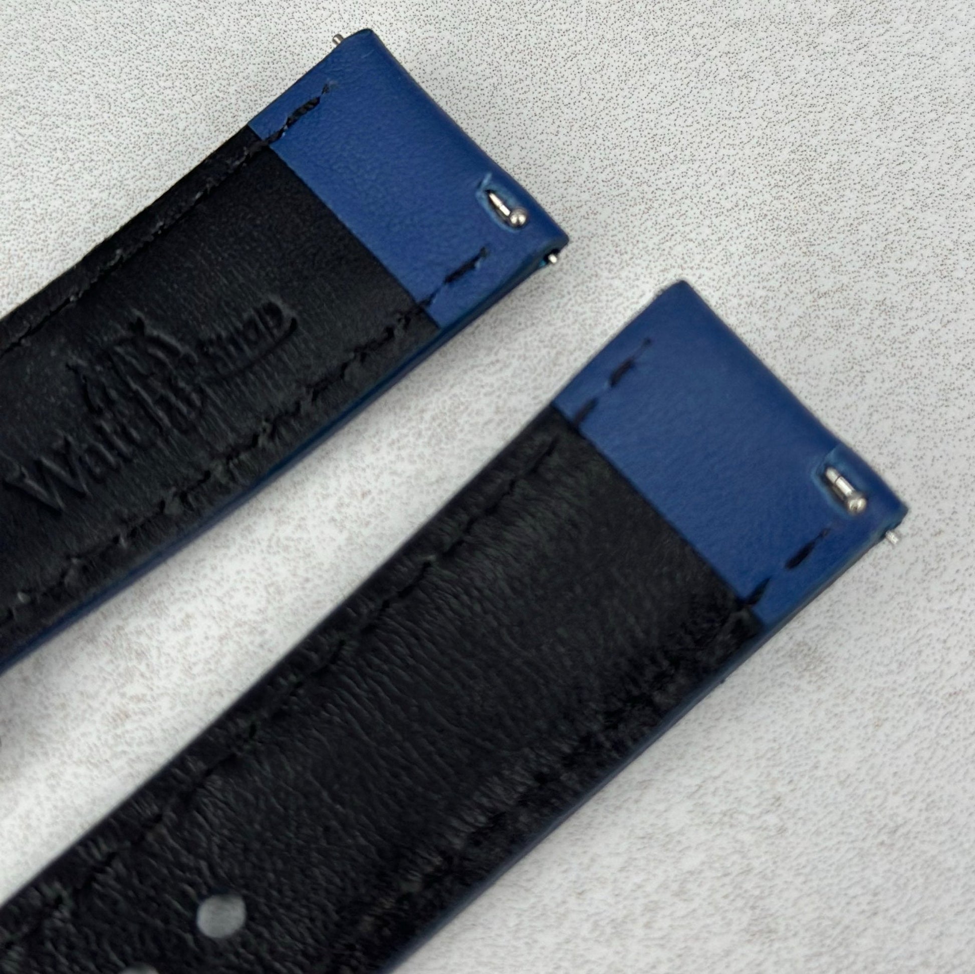 Quick release pins on the Le Mans blue and grey racing watch strap.