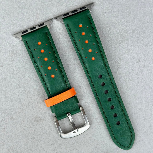 Le Mans green and orange apple watch strap. Padded racing watch band. Full grain leather with 316L stainless steel buckle.