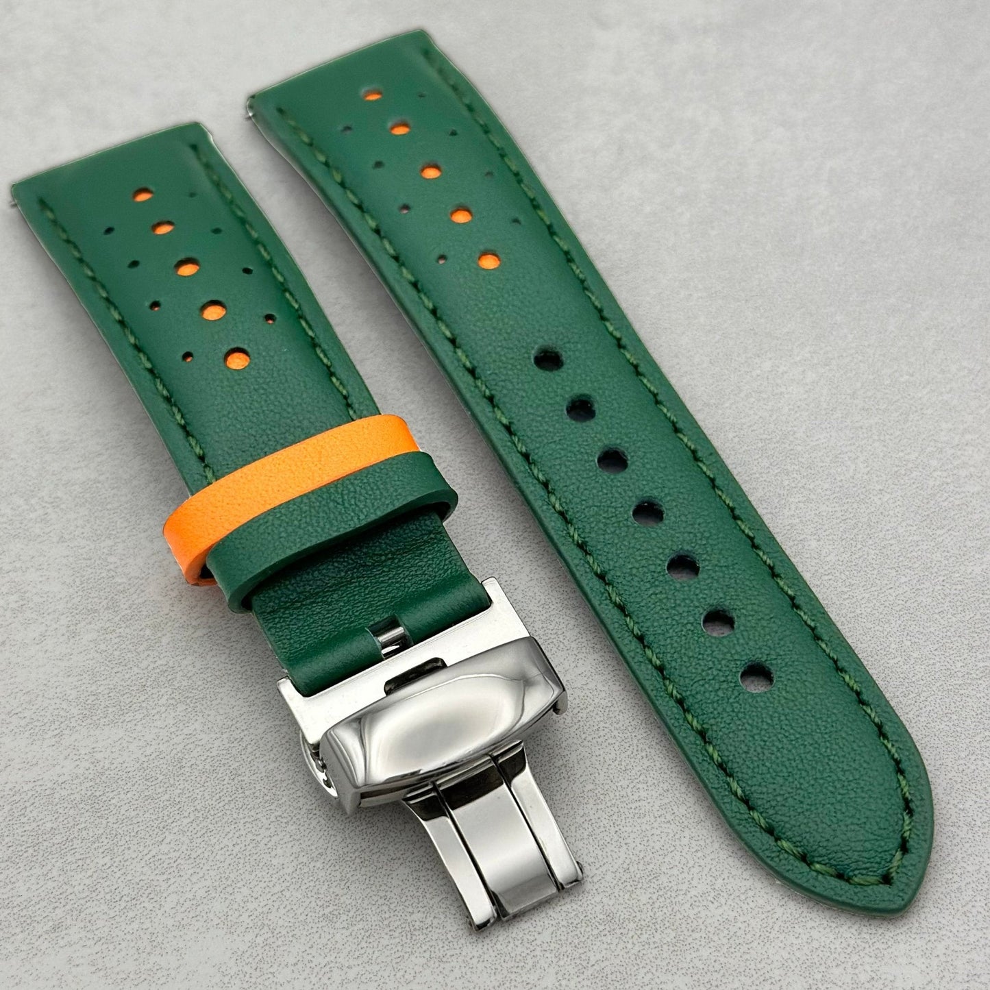 Le Mans Green and orange leather Watch strap with polished butterfly clasp. Quick Release. 18mm, 20mm, 22mm, 24mm
