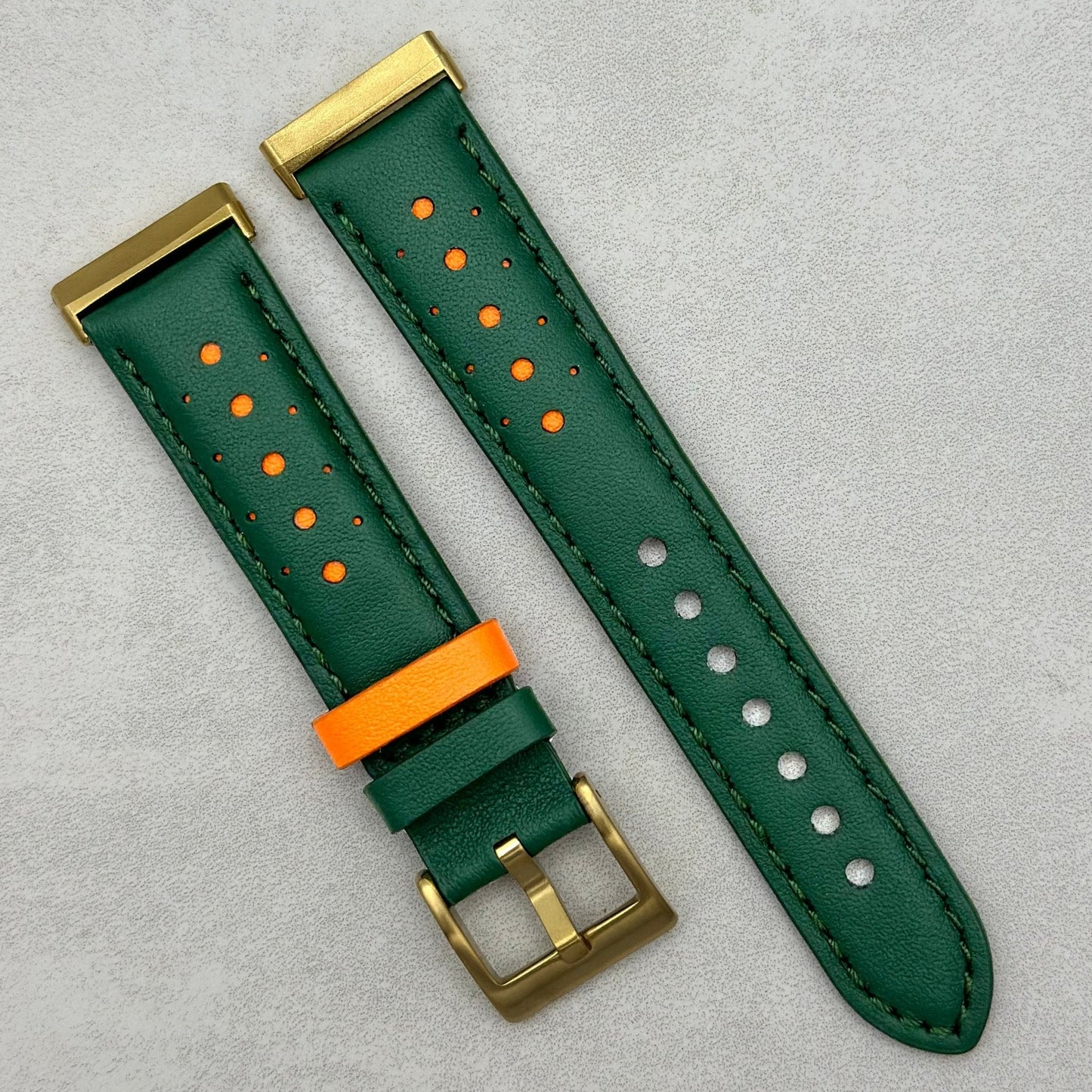 Le Mans: Forest Green And Orange Leather Racing Fitbit Versa/Sense Strap
