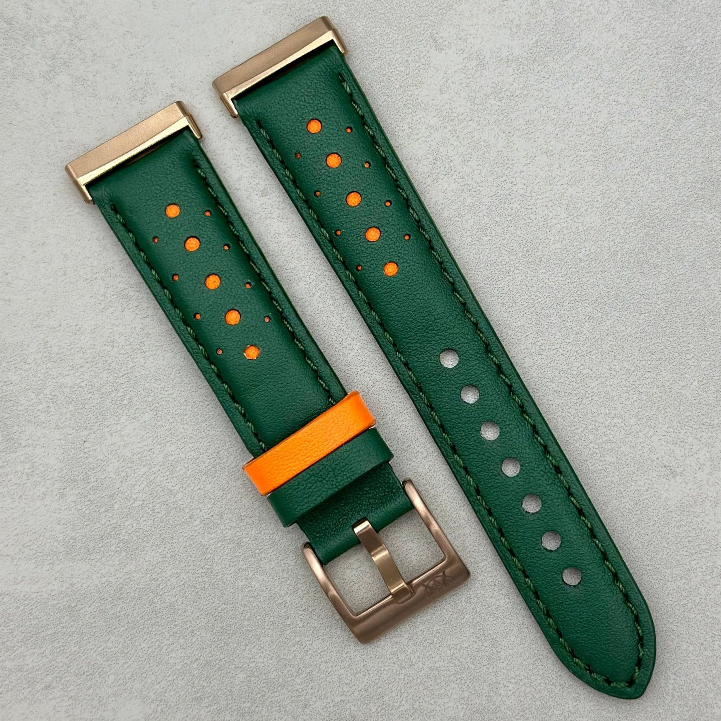 Le Mans: Forest Green And Orange Leather Racing Fitbit Versa/Sense Strap