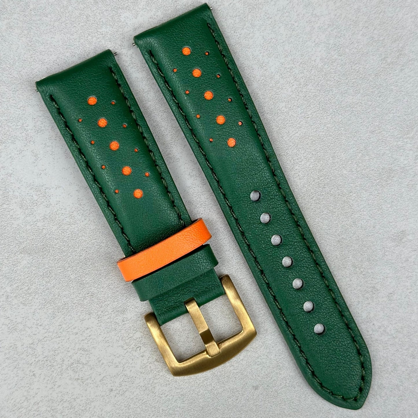 Le Mans: Forest Green and Orange Leather Padded Racing Watch Strap