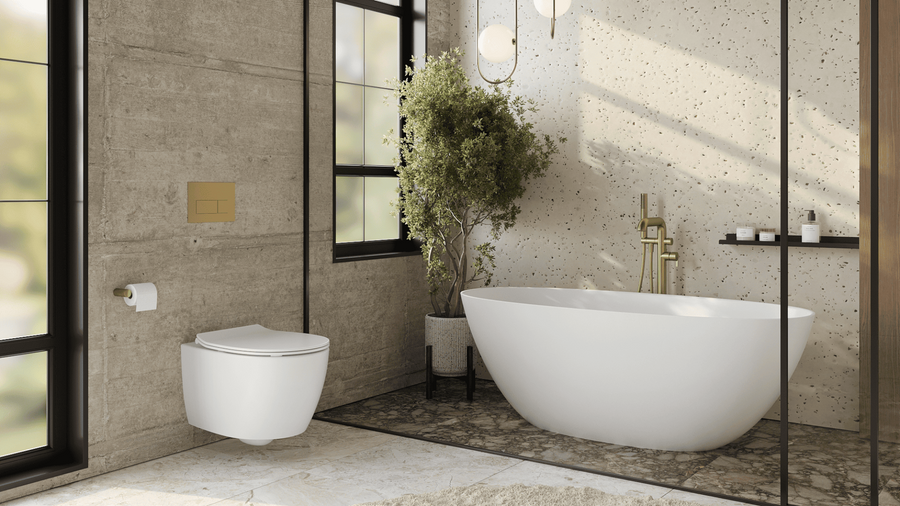 Onia Wall Hung White Toilet Set - with Concealed Frame, Cistern and Brushed Gold Flush Plate