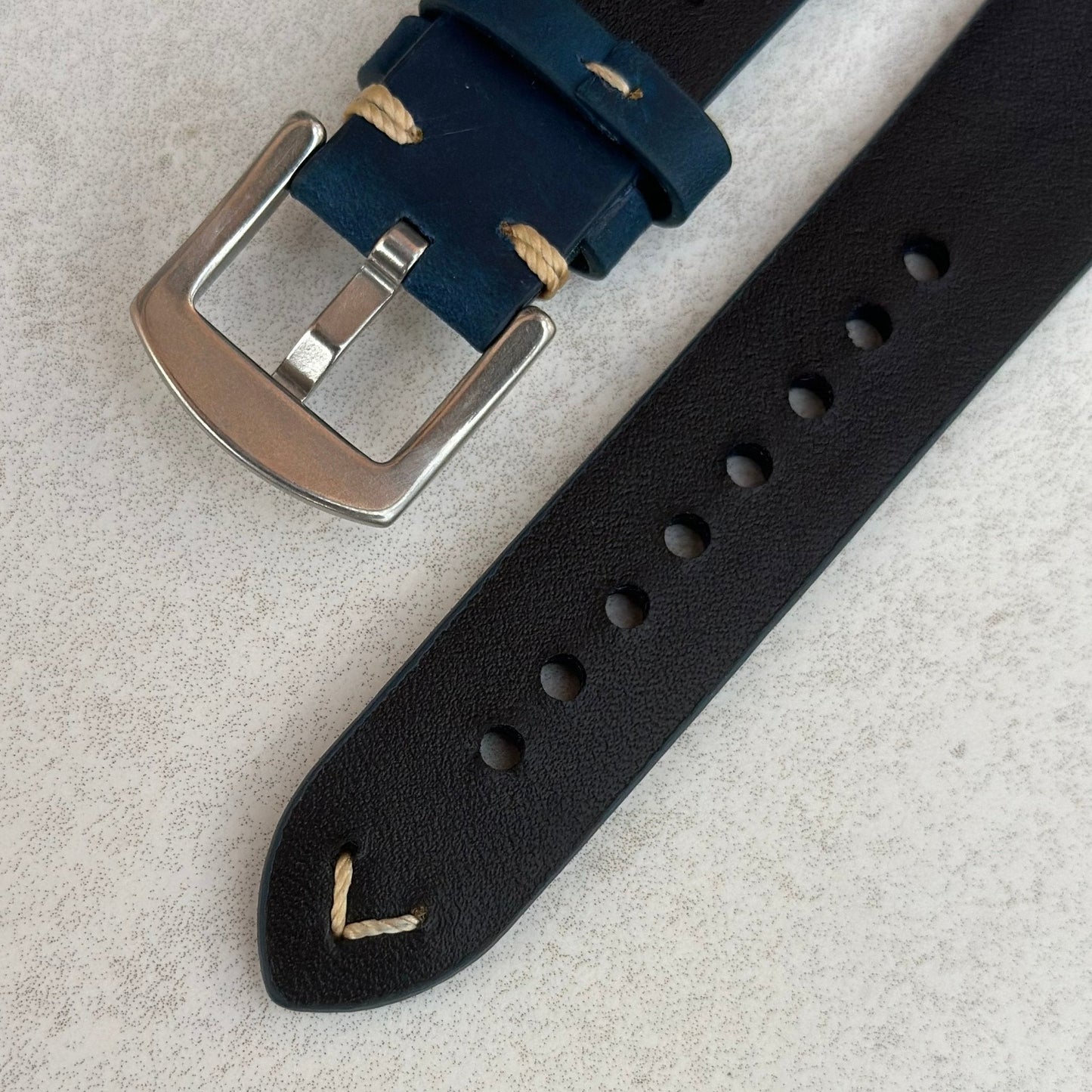 Underside 316L stainless steel buckle on the Madrid midnight blue full grain leather watch strap. Watch And Strap.