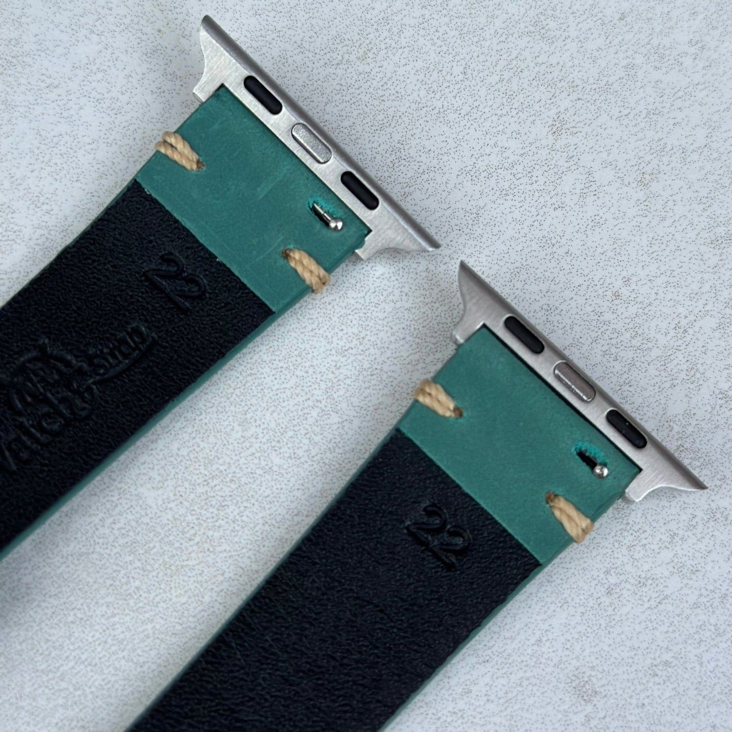 Underside top of the Madrid Caribbean blue horse leather watch strap. Watch And Strap.
