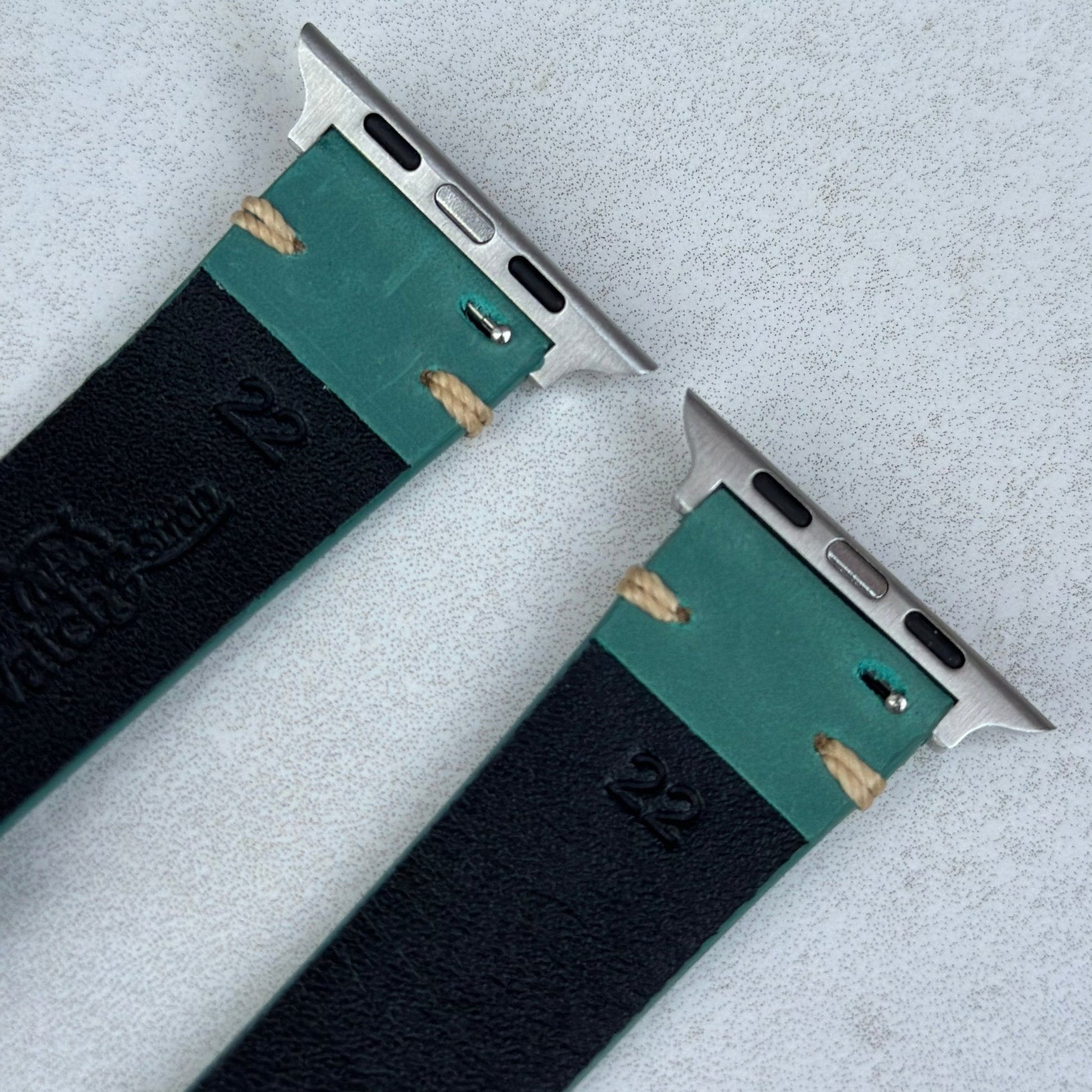 Underside top of the Madrid Caribbean blue horse leather watch strap. Watch And Strap.