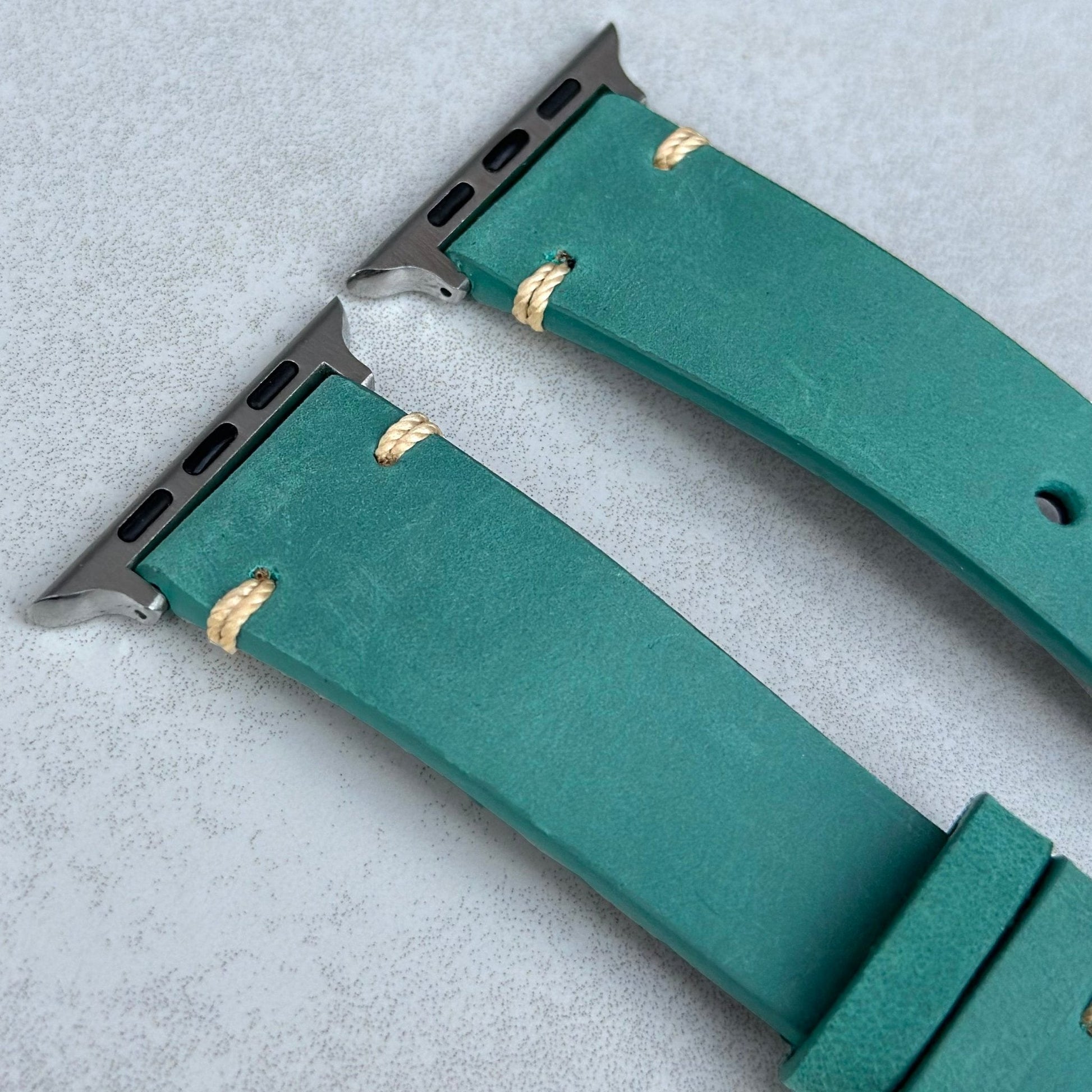 Top of the Madrid Caribbean blue horse leather apple watch strap. Contrast ivory stitching. Watch And Strap.