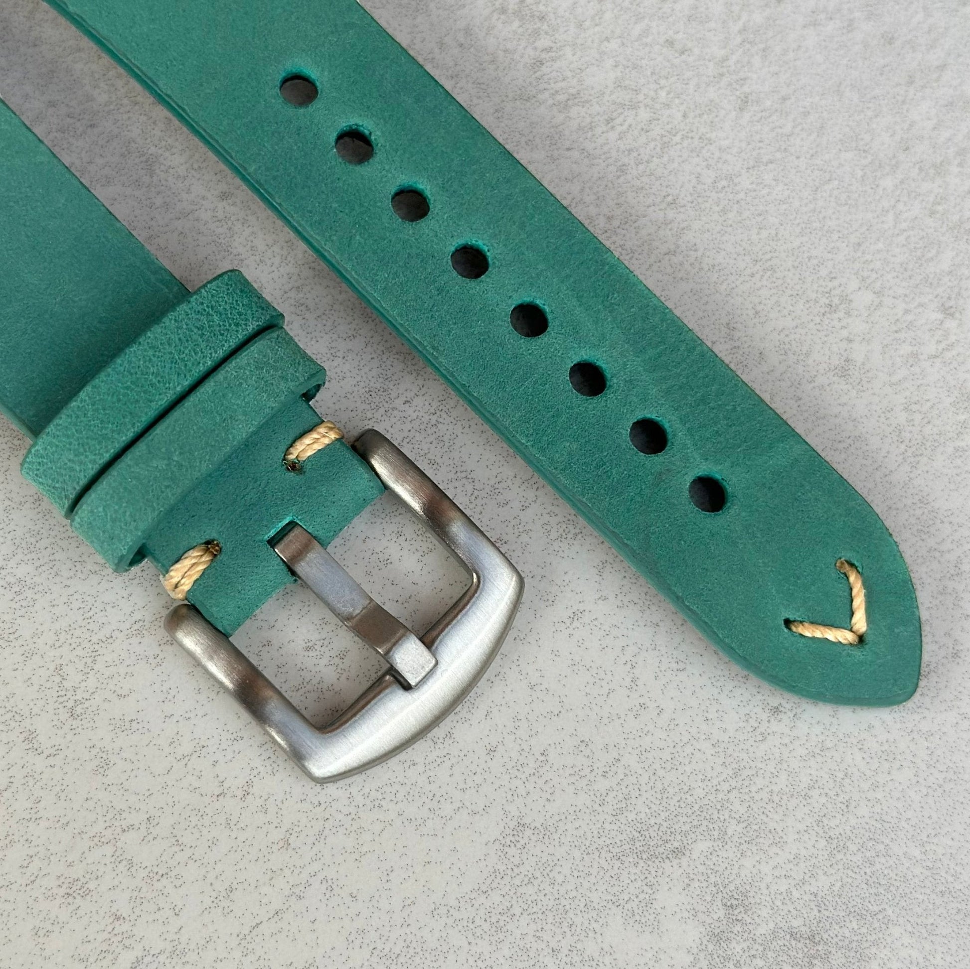 Brushed 316L stainless steel buckle on the Madrid full grain horse leather watch strap. Watch And Strap