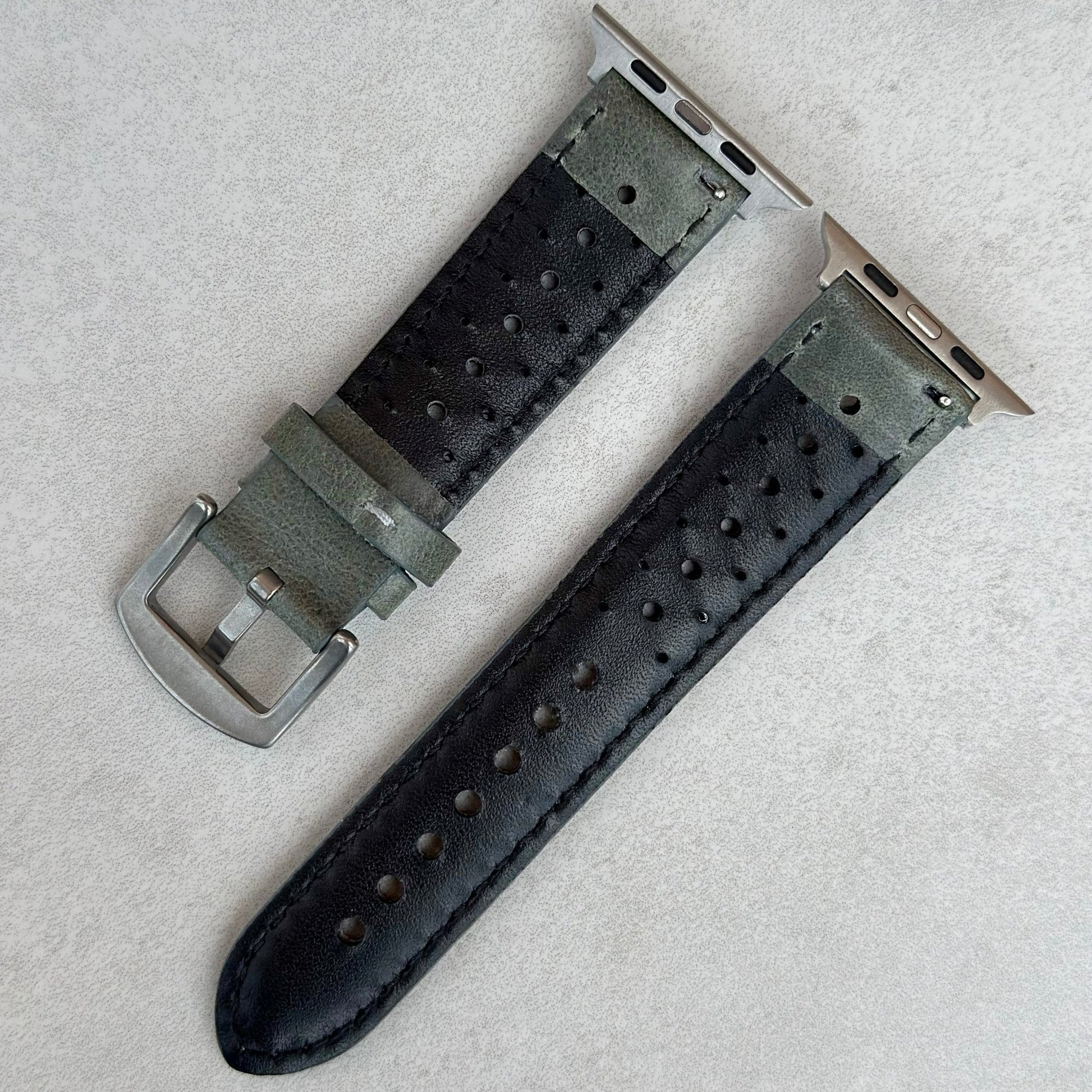 Rear of the MonteCarlo perforated grey leather Apple Watch strap. Watch And Strap.