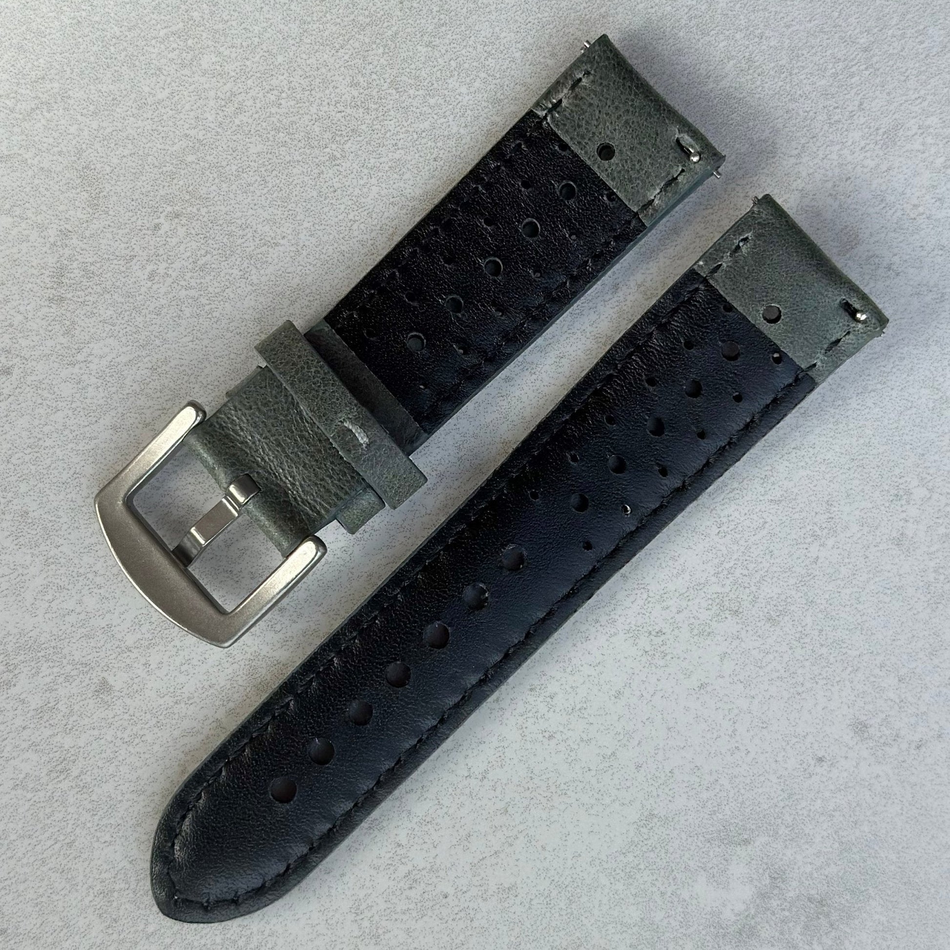 Underside of the Montecarlo grey full grain leather watch strap. Quick release pins. Watch And Strap