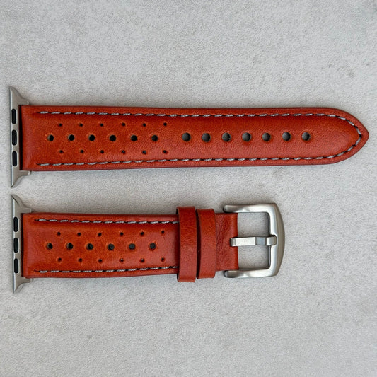 Montecarlo orange perforated leather watch strap. Contrast grey stitching. Apple Watch Series 3, 4, 5, 6, 7, 8, 9, SE, Ultra.