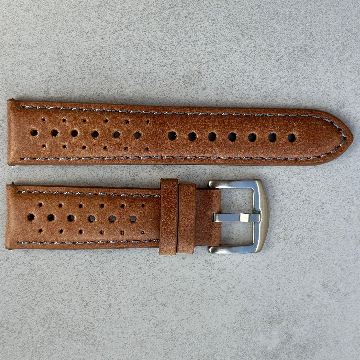 Vintage tan rally leather watch strap. Perforated full grain leather. Contrast grey stitching. 18mm, 20mm, 22mm, 24mm