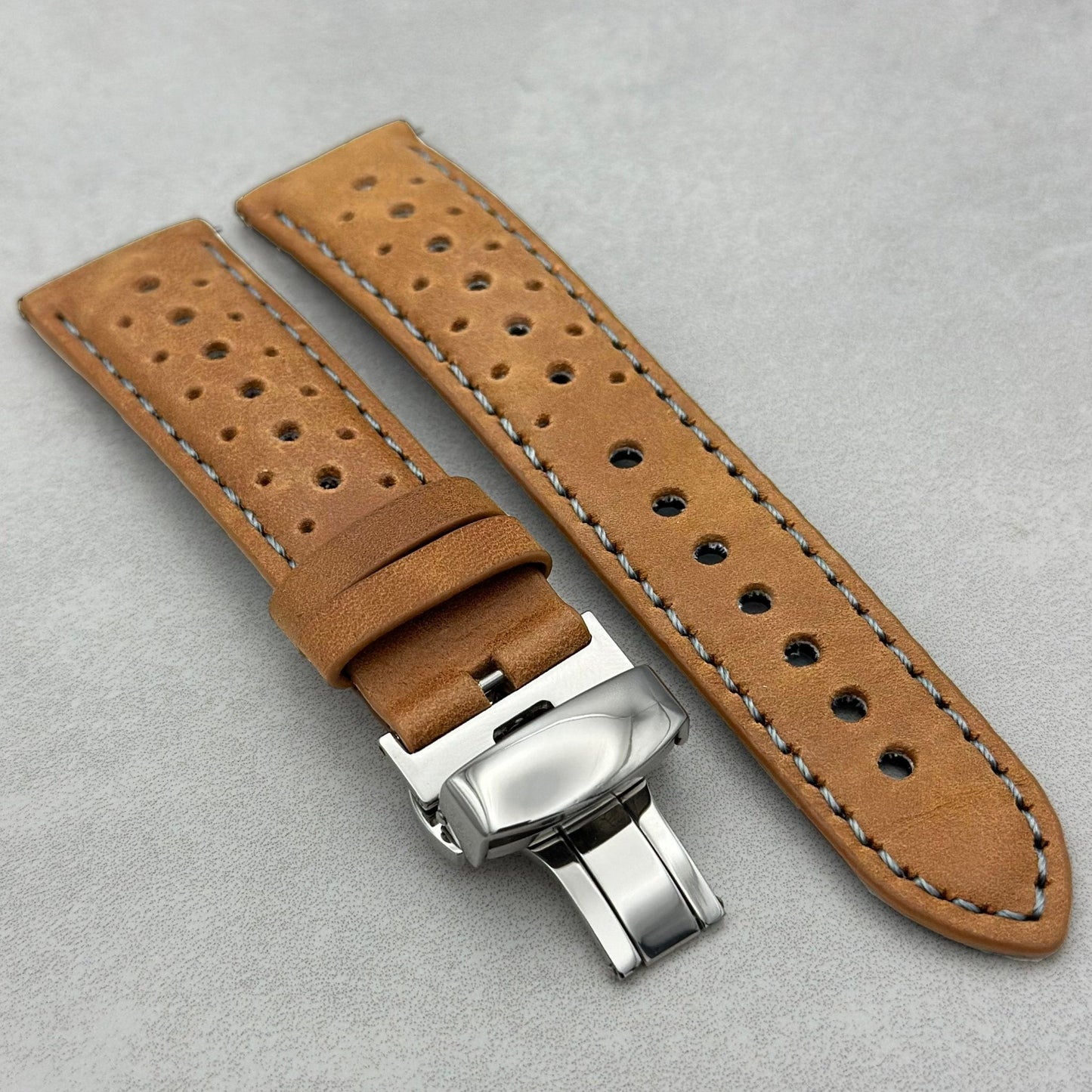 The Monte Carlo: Vintage Tan Perforated Leather Rally Samsung Galaxy Watch Ultra Strap