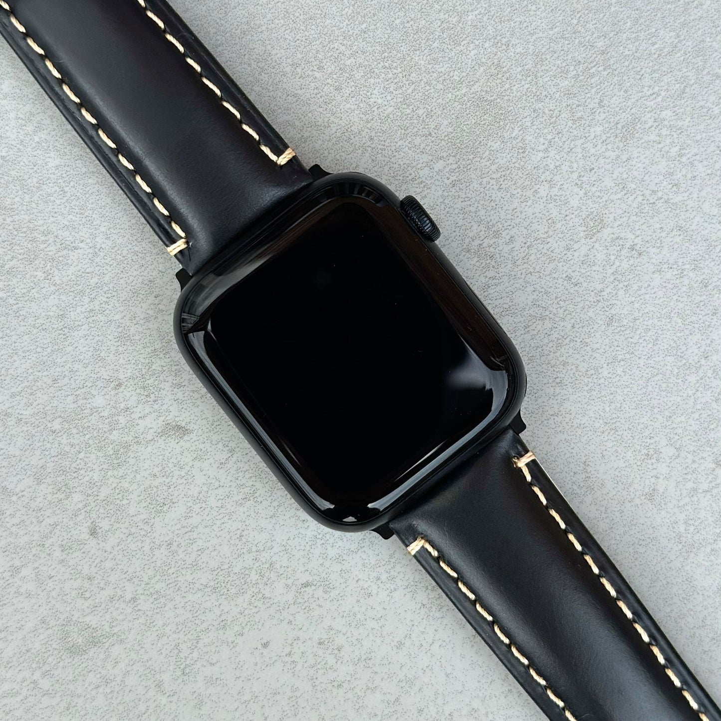 Oslo black full grain leather Apple Watch strap on the the Apple Watch Series 9. Watch And Strap.