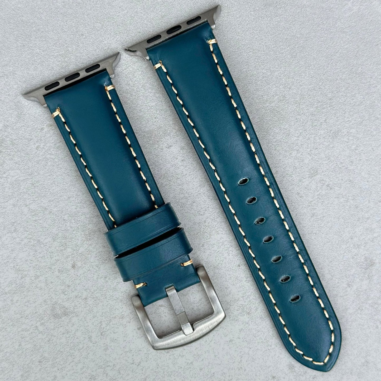 Oslo blue full grain leather Apple Watch strap. Contrast ivory stitching. Series 3, 4, 5, 6, 7, 8, 9, SE and Ultra.