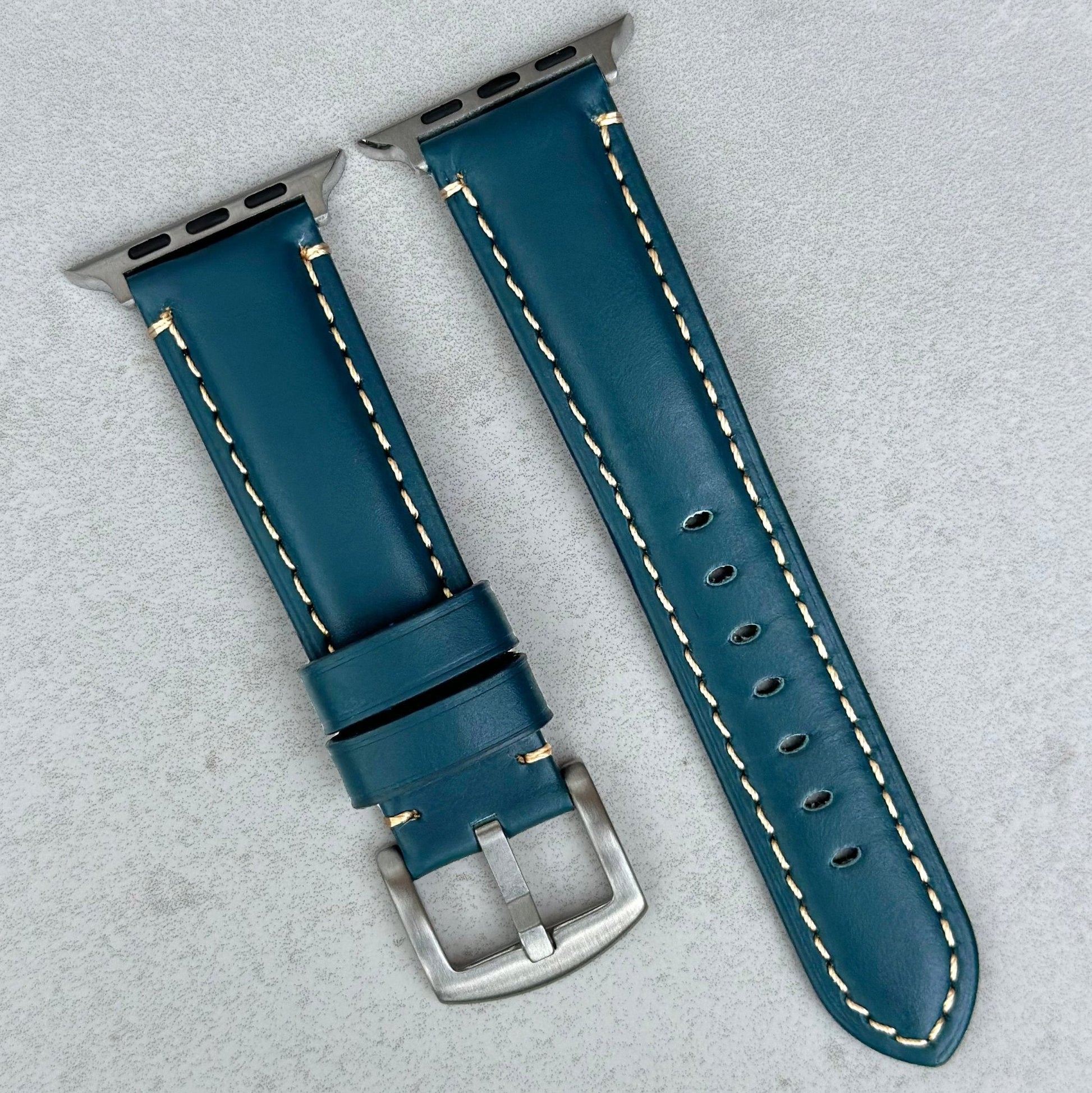 Oslo blue full grain leather Apple Watch strap. Contrast ivory stitching. Series 3, 4, 5, 6, 7, 8, 9, SE and Ultra.