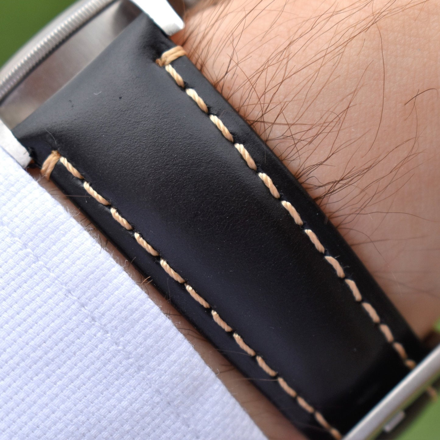 Wrist shot of the Oslo black full grain leather apple watch strap. Series 3, 4, 5, 6, 7, 8, 9, SE and Ultra. Watch And Strap