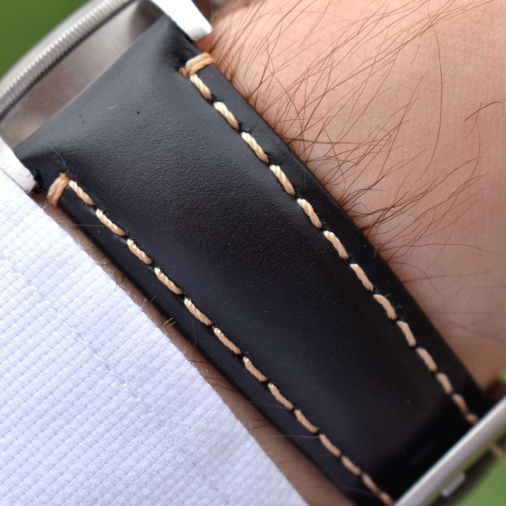 Wrist shot of the Oslo black full grain leather apple watch strap. Series 3, 4, 5, 6, 7, 8, 9, SE and Ultra. Watch And Strap