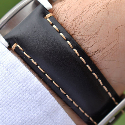 Wrist shot of the Oslo black full grain leather apple watch strap. Series 3, 4, 5, 6, 7, 8, 9, SE and Ultra. Watch And Strap