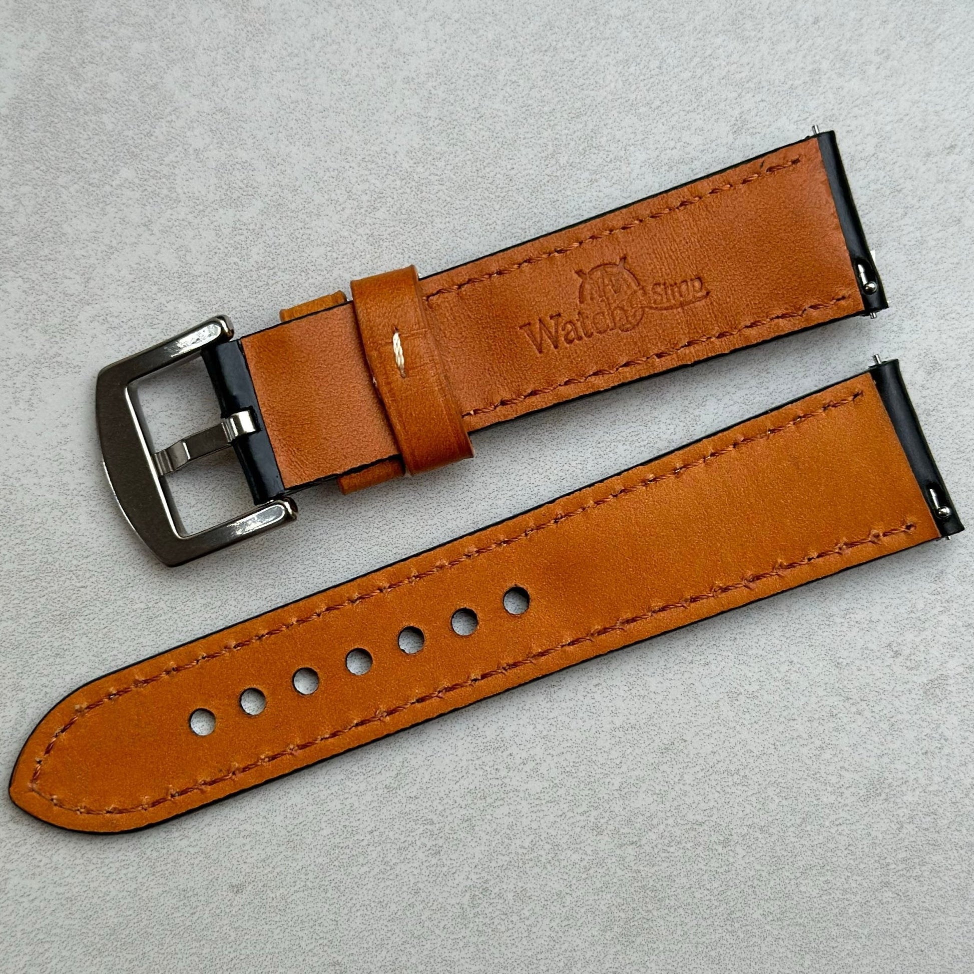 Rear of the Oxford black full grain leather watch strap. Quick release pins. Watch And Strap logo.