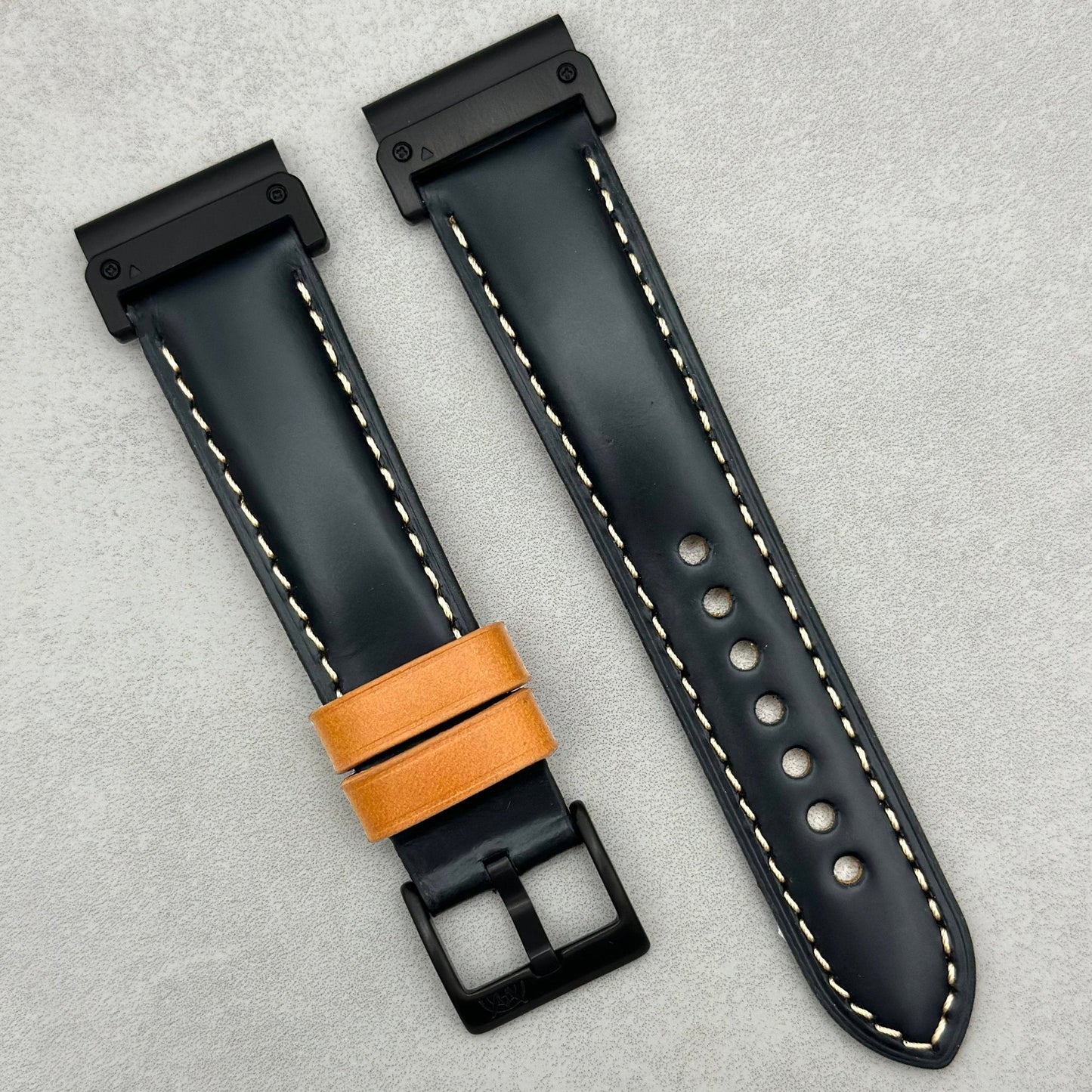 The Oxford: Jet Black Padded Calf Skin Garmin QuickFit Watch Strap