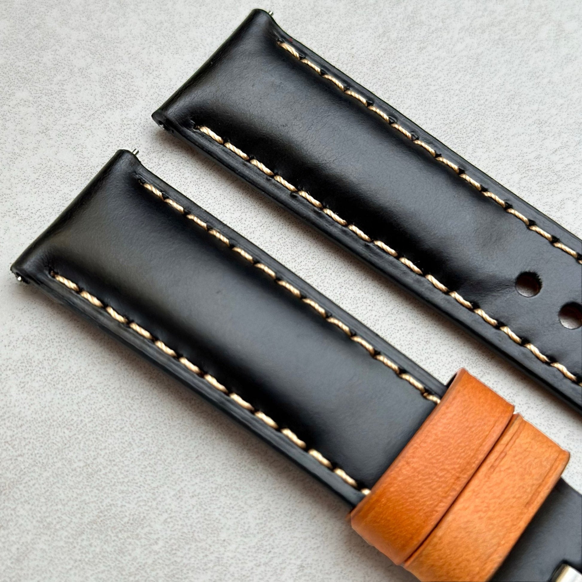Top of the Oxford black full grain leather watch strap. Padded leather watch strap. Contrast tan loops. Watch And Strap