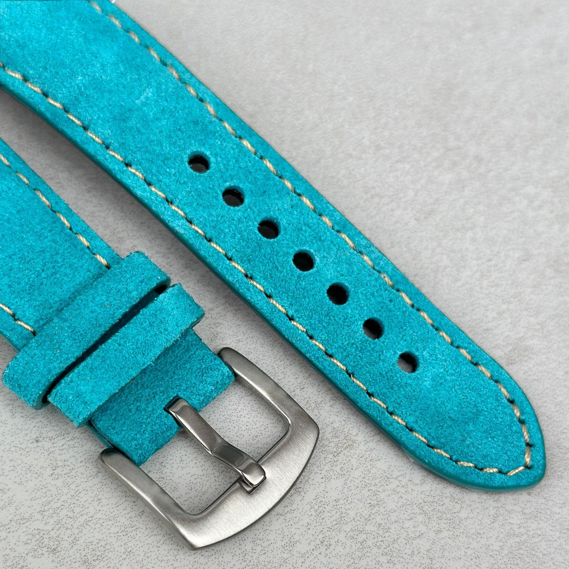 Brushed 316L stainless steel buckle on the Paris turquoise suede watch strap. Watch And Strap
