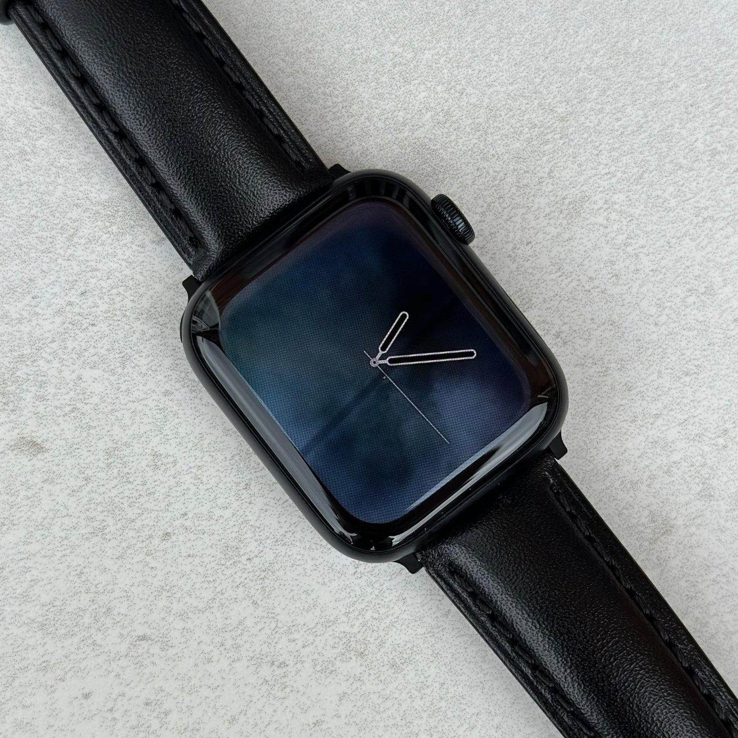 Prague jet black full grain leather watch strap on the Apple Watch Series 9. Watch And Strap.