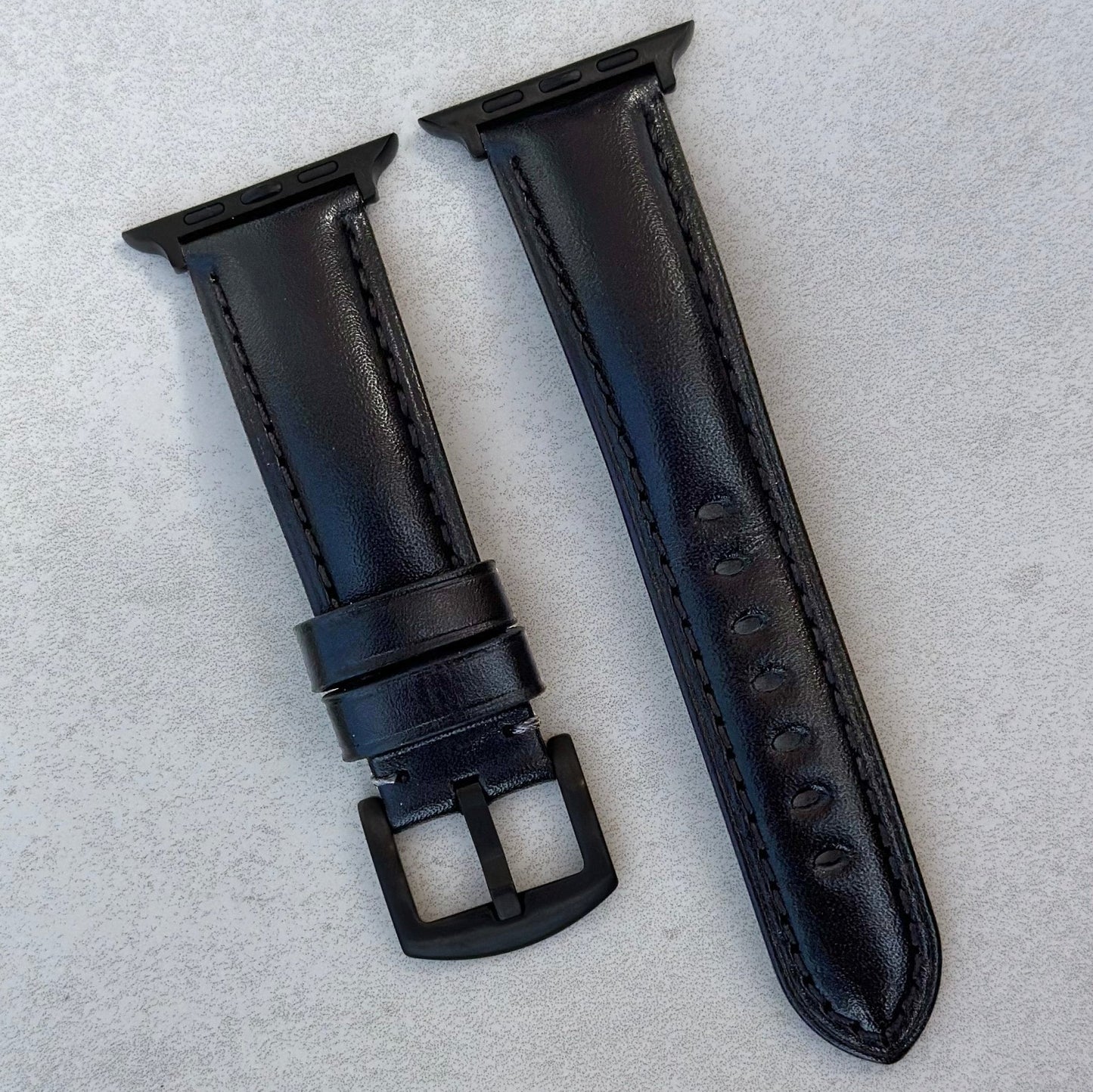 Prague jet black vegetable tanned leather watch strap. PVD black hardware. Series 3, 4, 5, 6, 7, 8, 9, SE and Ultra.