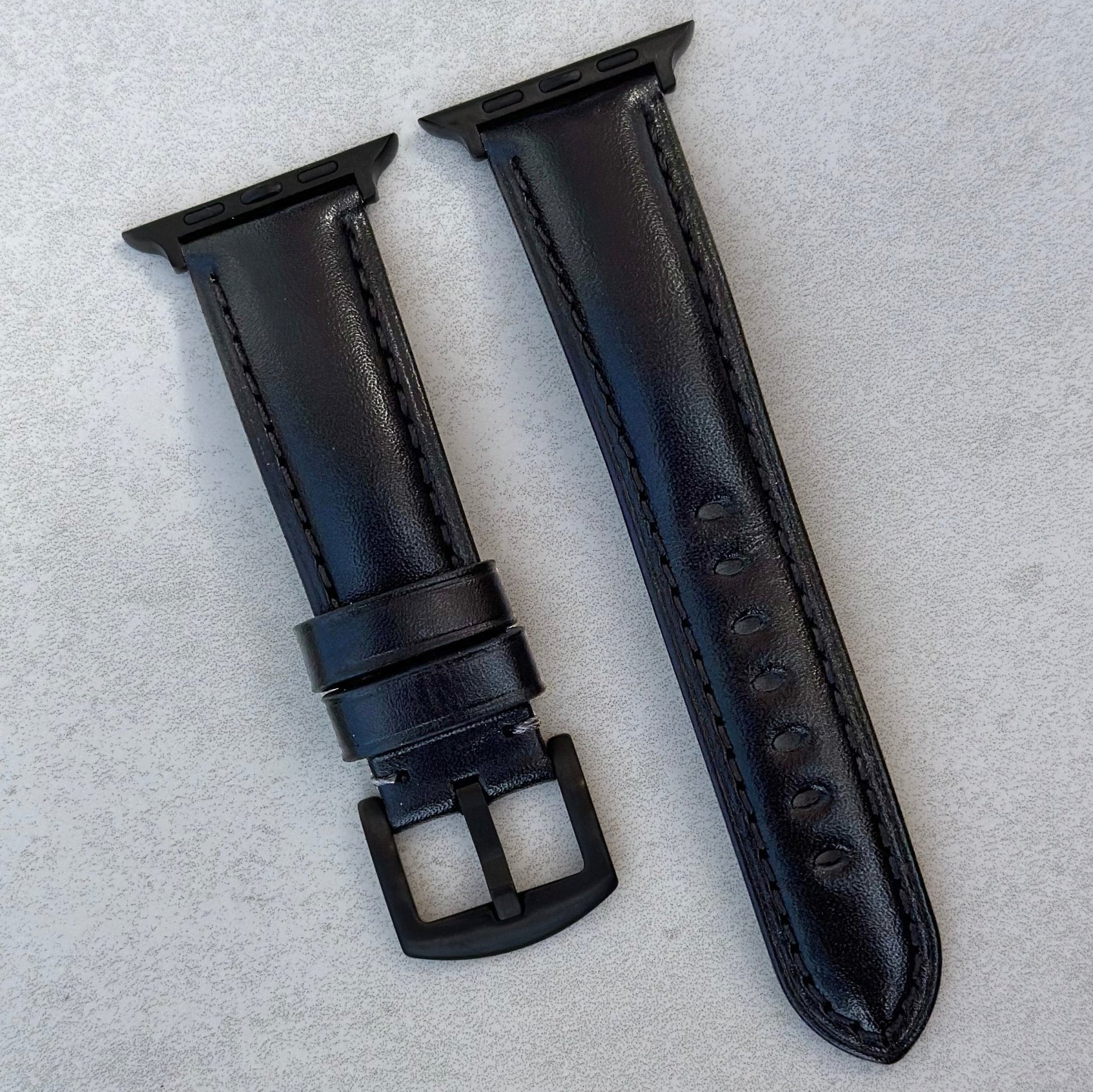 Prague jet black vegetable tanned leather watch strap. PVD black hardware. Series 3, 4, 5, 6, 7, 8, 9, SE and Ultra.