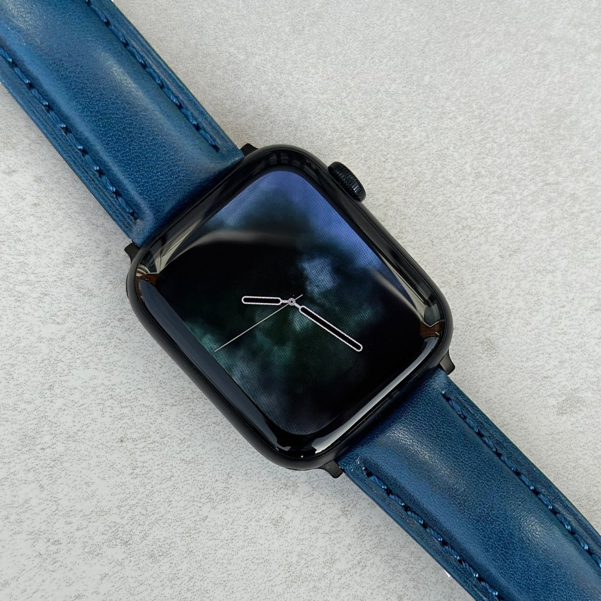Prague marine blue vegetable tanned leather watch strap on the Apple Watch Series 9. Watch And Strap.