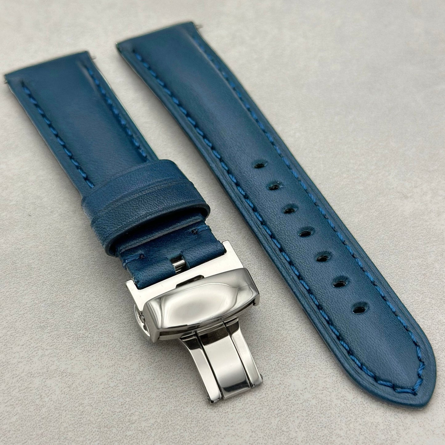 The Prague: Marine Blue Vegetable Tanned Full Grain Leather Garmin QuickFit Watch Strap