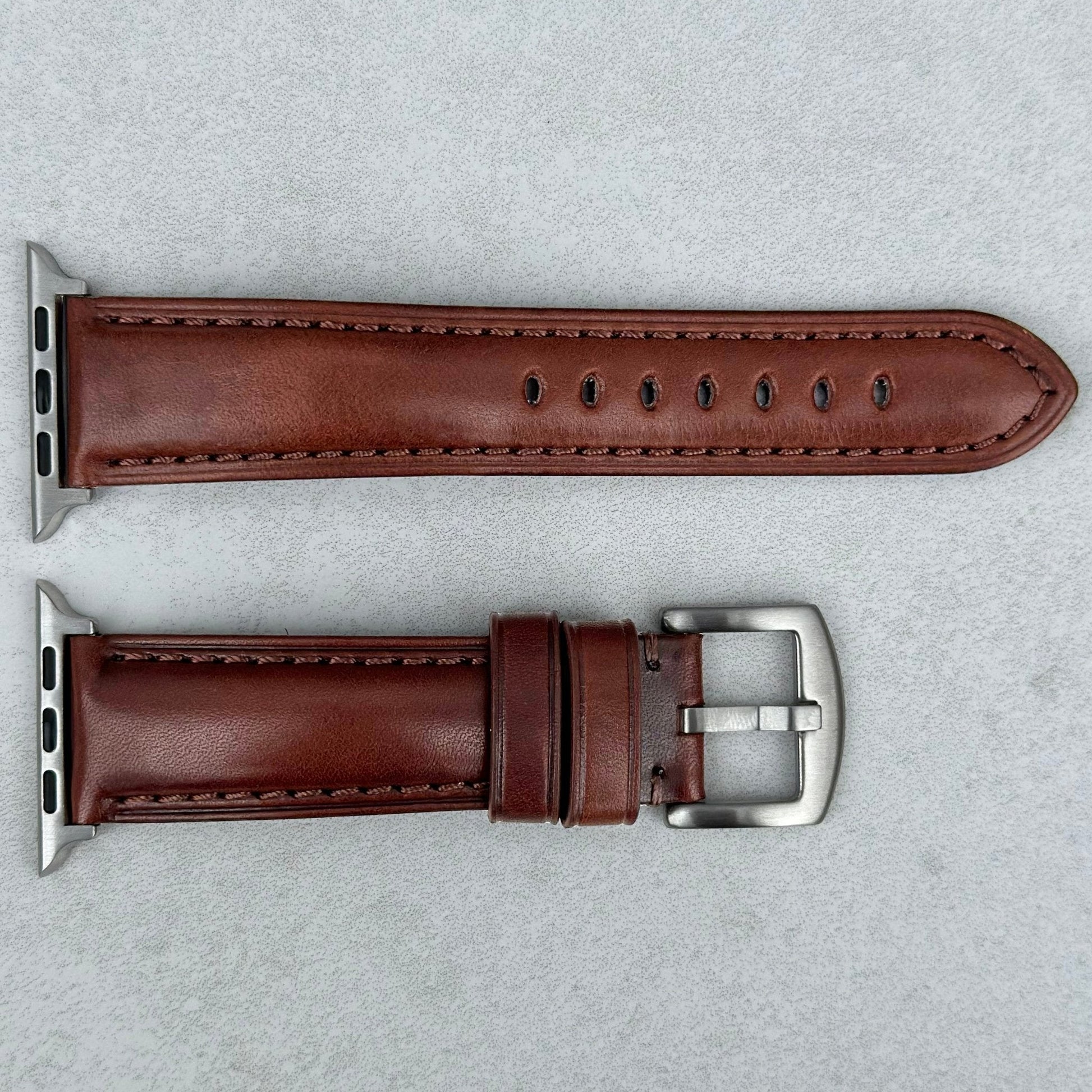 The Prague Chestnut brown vegetable tanned leather Apple Watch strap. Series 3, 4, 5, 6, 7, 8, 9, SE and Ultra.